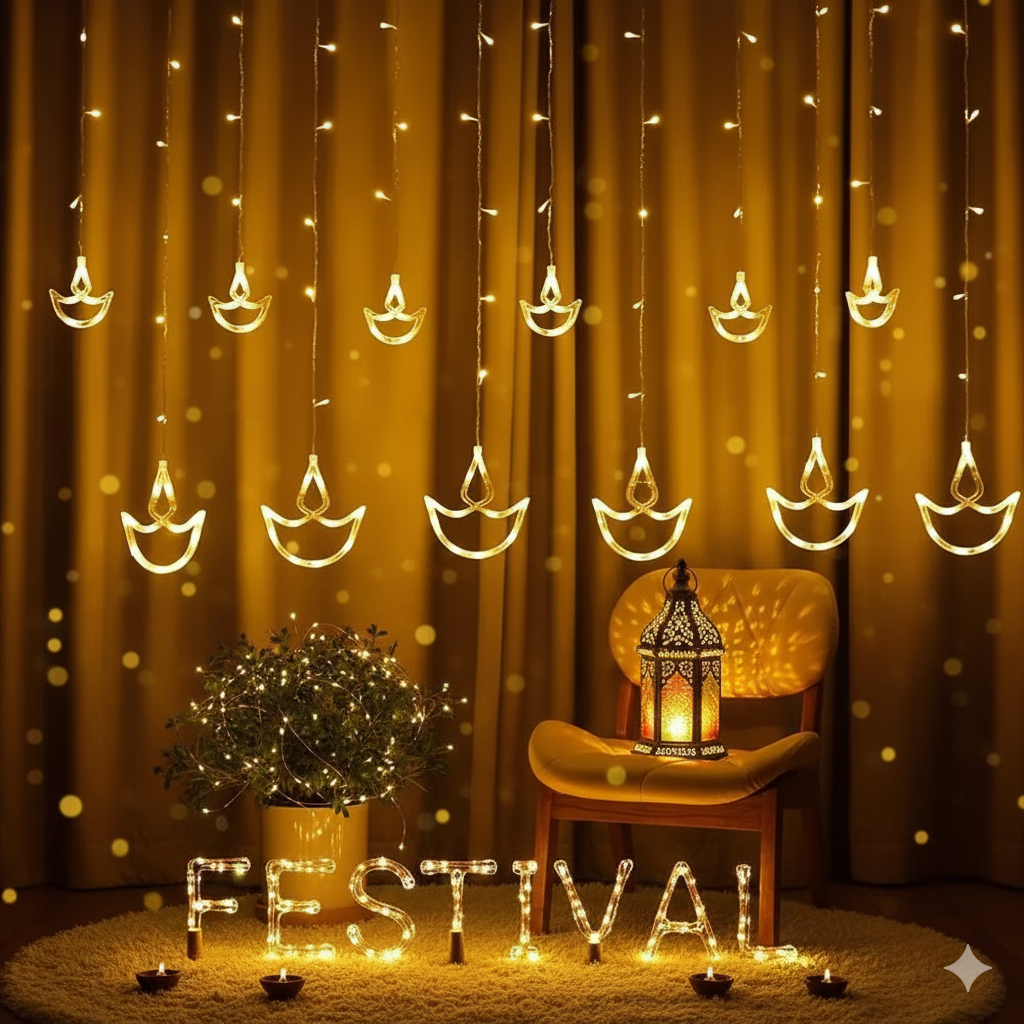 The Purple Tree Diwali Decorative Diya Light Curtain – 12 Hanging Diyas, 138 LED, 8 Flashing Modes, 2.5M String Lights